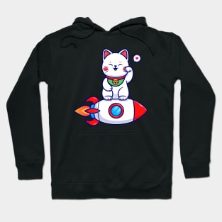 Cute Cat Maneki Neko On Rocket Cartoon Hoodie